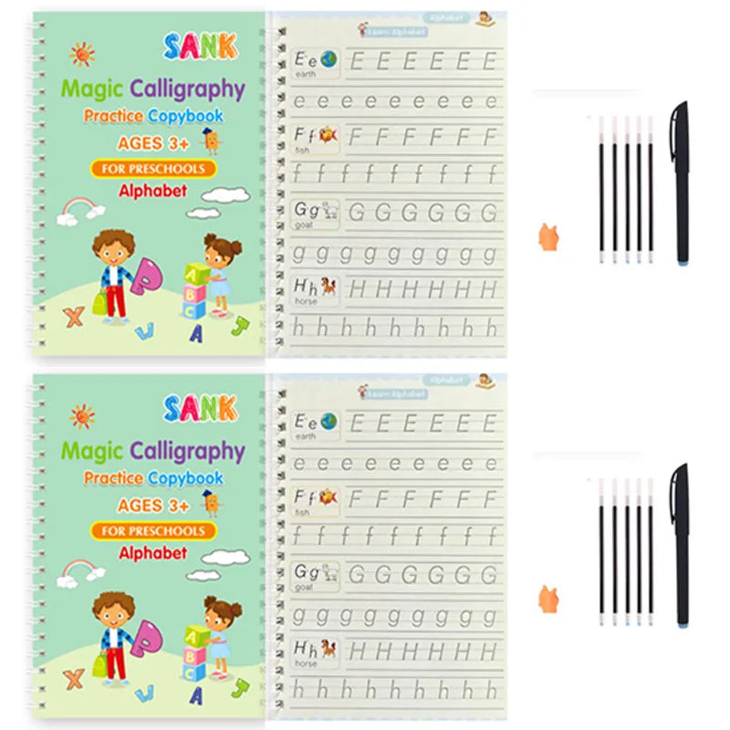 Cahier d'écriture Sank Magic pour enfants, calligraphie, version anglaise, effaçable à sec et réutilisable.