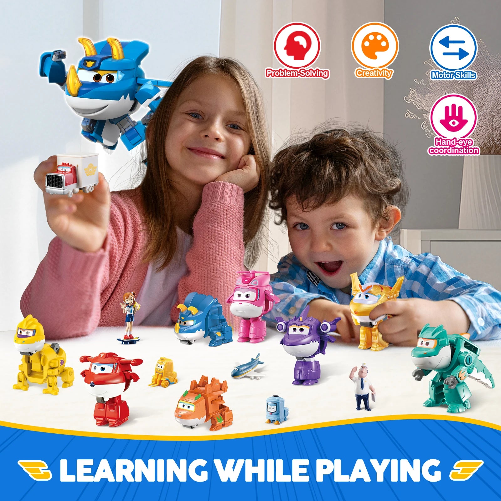 Super Wings Lot de 14 jouets transformables, figurine d'avion de 5 cm avec mini-figurine de dinosaure à collectionner