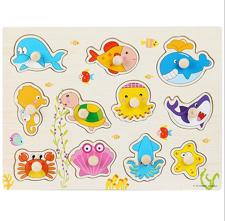 Puzzle Montessori en bois de 30 cm pour bébé, avec plateau d'apprentissage et motifs d'animaux et de véhicules. Cadeau idéal pour les enfants.