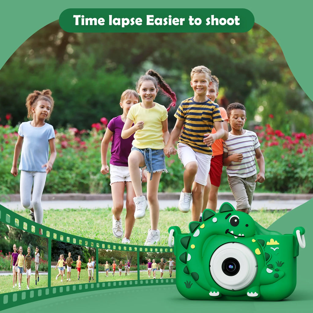 Appareil photo numérique pour enfants avec carte mémoire 32 Go, mini appareil photo dinosaure, jouet, caméra HD 1080p pour vlogging et photos, cadeau idéal pour Noël ou un anniversaire.