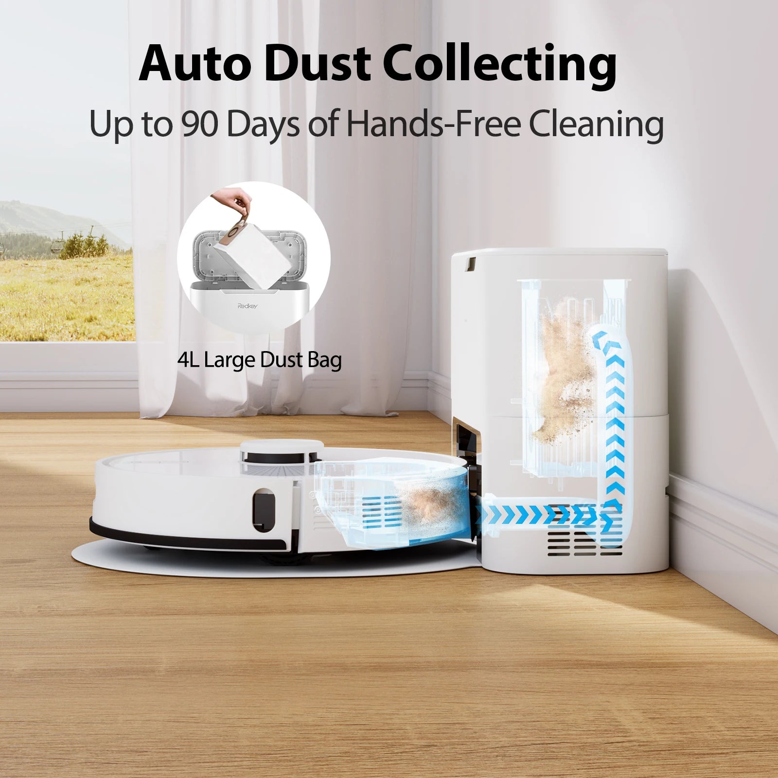 Aspirateur robot laveur 2 en 1 Redkey R10 : puissance de balayage de 4 000 Pa, collecteur de poussière automatique, sac à poussière de 4 L, franchissement d’obstacles jusqu’à 18 mm.