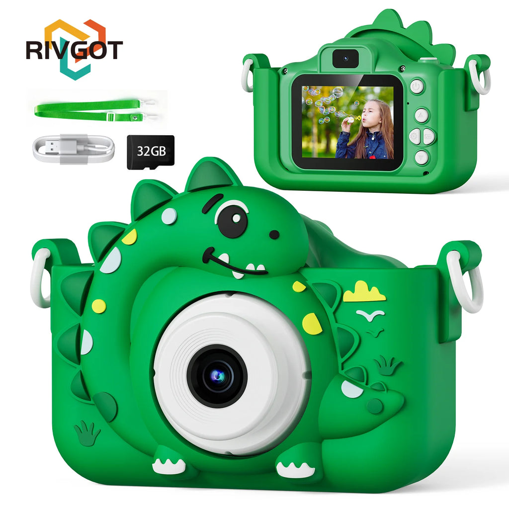 Appareil photo numérique pour enfants avec carte mémoire 32 Go, mini appareil photo dinosaure, jouet, caméra HD 1080p pour vlogging et photos, cadeau idéal pour Noël ou un anniversaire.