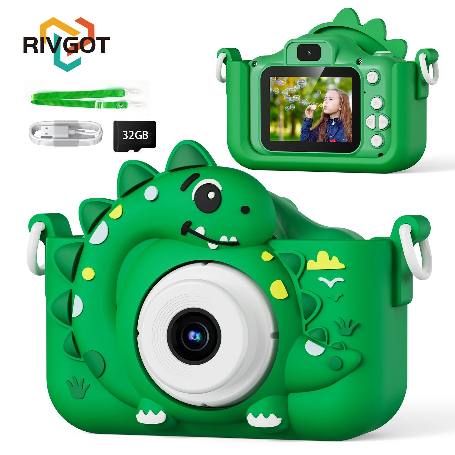 Appareil photo numérique pour enfants avec carte mémoire 32 Go, mini appareil photo dinosaure, jouet, caméra HD 1080p pour vlogging et photos, cadeau idéal pour Noël ou un anniversaire.