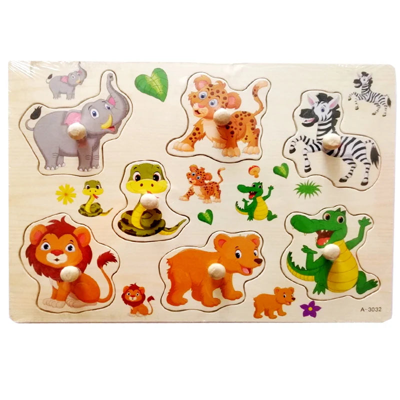 Puzzle Montessori en bois de 30 cm pour bébé, avec plateau d'apprentissage et motifs d'animaux et de véhicules. Cadeau idéal pour les enfants.