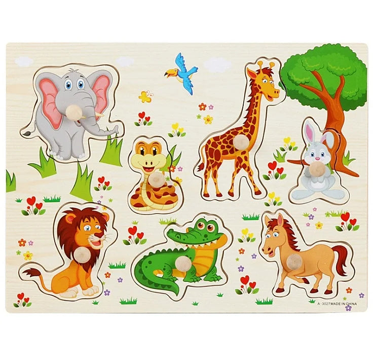 Puzzle Montessori en bois de 30 cm pour bébé, avec plateau d'apprentissage et motifs d'animaux et de véhicules. Cadeau idéal pour les enfants.