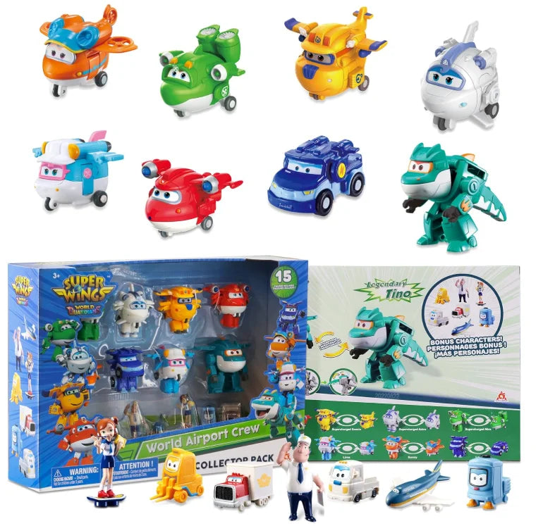 Super Wings Lot de 14 jouets transformables, figurine d'avion de 5 cm avec mini-figurine de dinosaure à collectionner