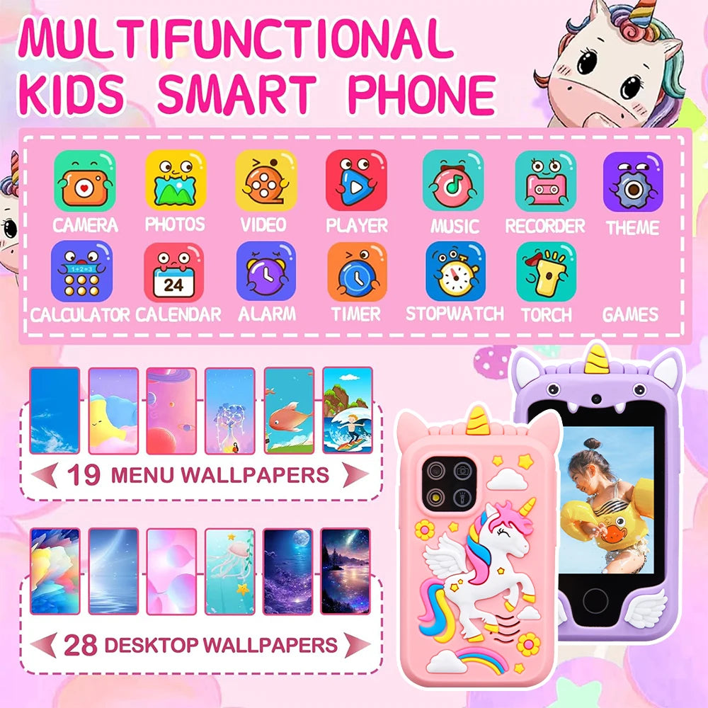 Téléphone portable pour enfants avec appareil photo, écran tactile, licorne, lecteur MP3, jouet éducatif pour filles et garçons de 3 à 8 ans.