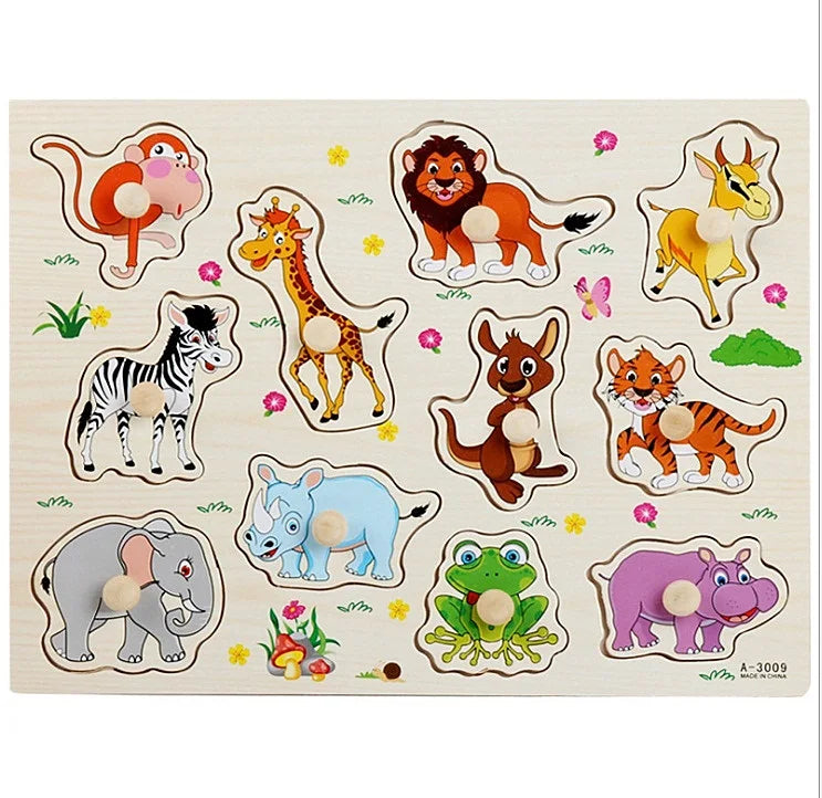 Puzzle Montessori en bois de 30 cm pour bébé, avec plateau d'apprentissage et motifs d'animaux et de véhicules. Cadeau idéal pour les enfants.