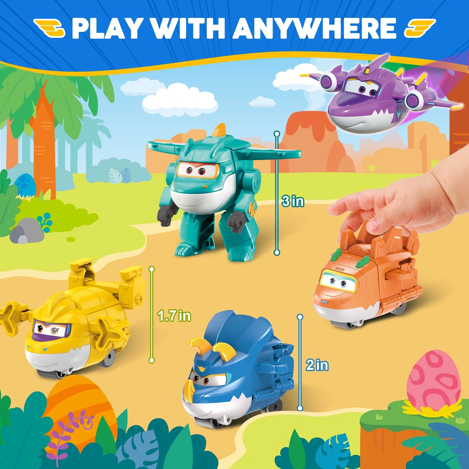 Super Wings Lot de 14 jouets transformables, figurine d'avion de 5 cm avec mini-figurine de dinosaure à collectionner