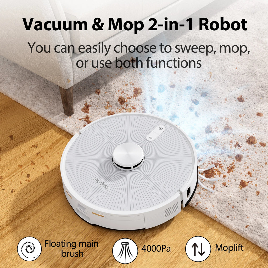 Aspirateur robot laveur 2 en 1 Redkey R10 : puissance de balayage de 4 000 Pa, collecteur de poussière automatique, sac à poussière de 4 L, franchissement d’obstacles jusqu’à 18 mm.