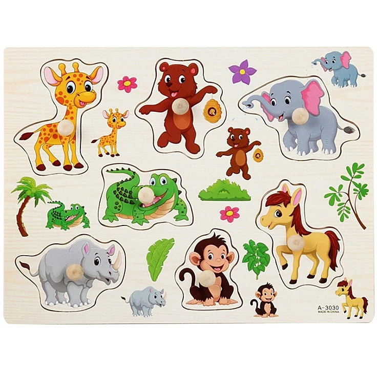 Puzzle Montessori en bois de 30 cm pour bébé, avec plateau d'apprentissage et motifs d'animaux et de véhicules. Cadeau idéal pour les enfants.
