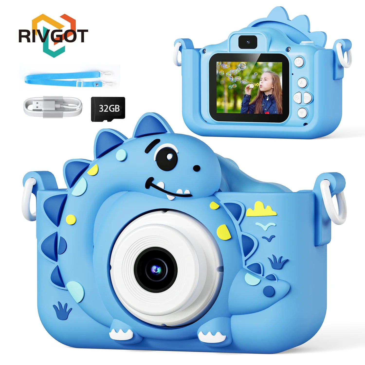 Appareil photo numérique pour enfants avec carte mémoire 32 Go, mini appareil photo dinosaure, jouet, caméra HD 1080p pour vlogging et photos, cadeau idéal pour Noël ou un anniversaire.