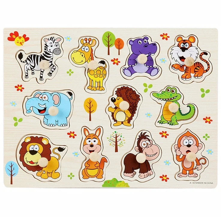 Puzzle Montessori en bois de 30 cm pour bébé, avec plateau d'apprentissage et motifs d'animaux et de véhicules. Cadeau idéal pour les enfants.