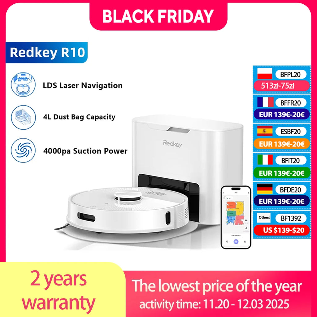 Aspirateur robot laveur 2 en 1 Redkey R10 : puissance de balayage de 4 000 Pa, collecteur de poussière automatique, sac à poussière de 4 L, franchissement d’obstacles jusqu’à 18 mm.