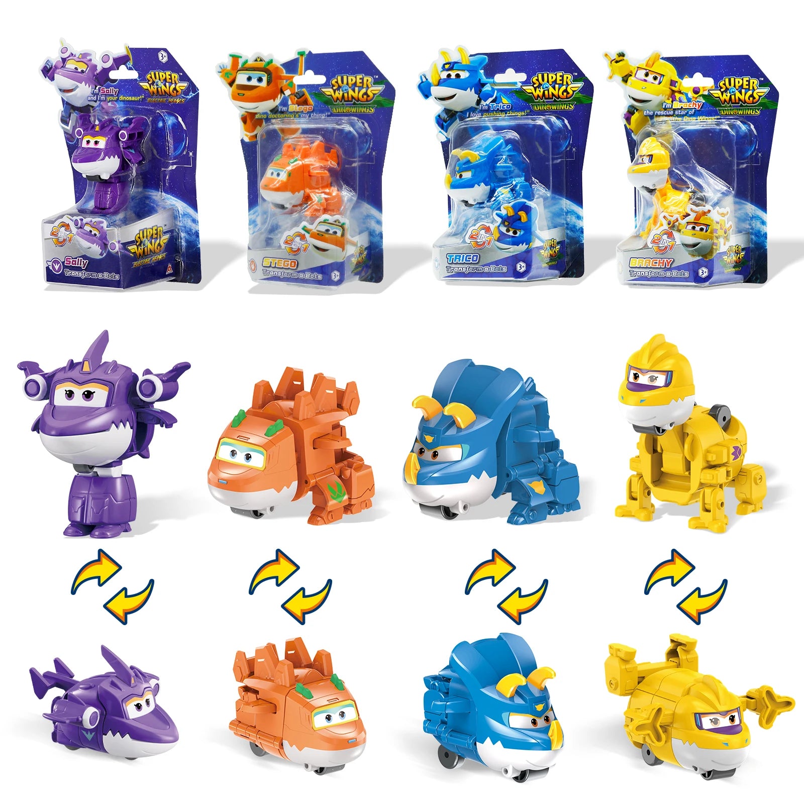 Super Wings Lot de 14 jouets transformables, figurine d'avion de 5 cm avec mini-figurine de dinosaure à collectionner