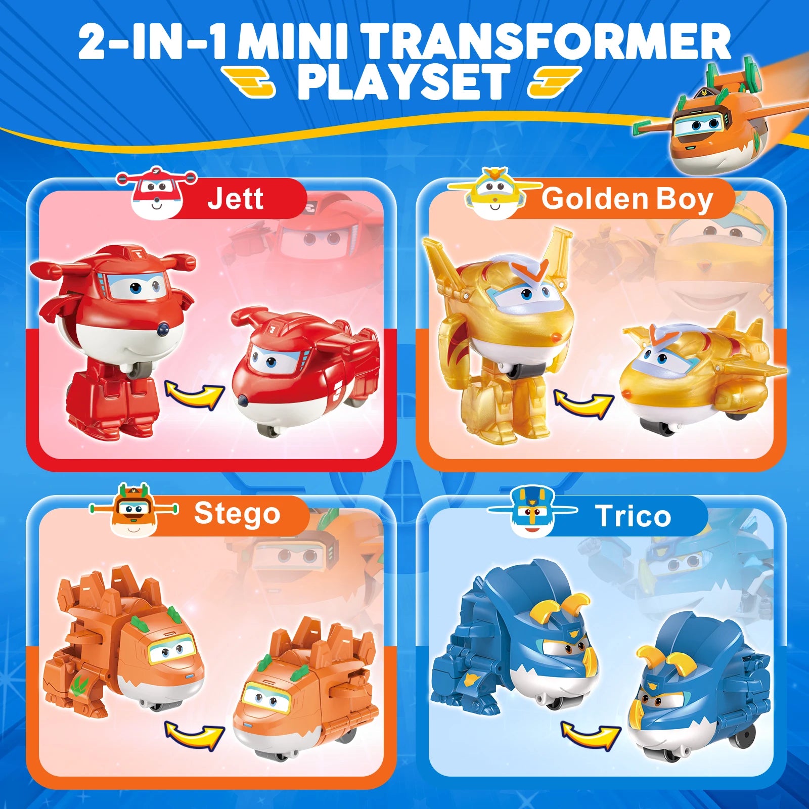 Super Wings Lot de 14 jouets transformables, figurine d'avion de 5 cm avec mini-figurine de dinosaure à collectionner