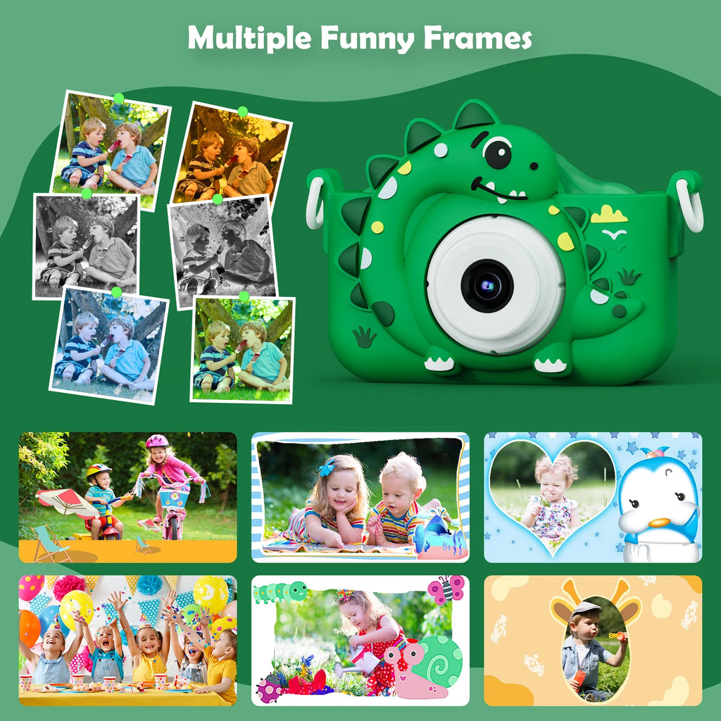 Appareil photo numérique pour enfants avec carte mémoire 32 Go, mini appareil photo dinosaure, jouet, caméra HD 1080p pour vlogging et photos, cadeau idéal pour Noël ou un anniversaire.