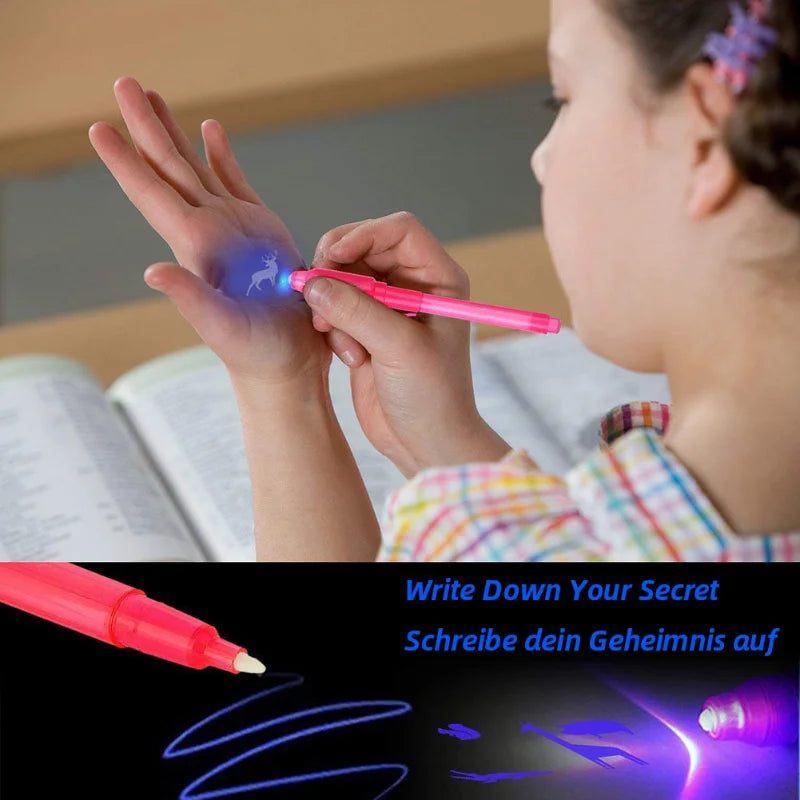Stylo lumineux magique violet 2 en 1 avec lumière UV et encre invisible pour dessiner et apprendre en s'amusant. Jouet éducatif pour enfants.