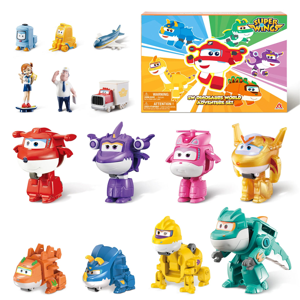 Super Wings Lot de 14 jouets transformables, figurine d'avion de 5 cm avec mini-figurine de dinosaure à collectionner