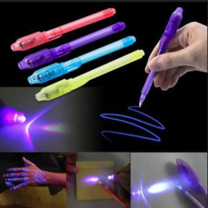 Stylo lumineux magique violet 2 en 1 avec lumière UV et encre invisible pour dessiner et apprendre en s'amusant. Jouet éducatif pour enfants.