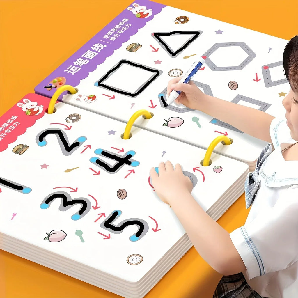 Cahier d'exercices réutilisable de 34 pages pour enfants avec stylo effaçable - Apprentissage précoce de l'écriture et du dessin, développement des compétences, livres éducatifs pour l'entraînement au contrôle du stylo, apprentissage innovant - Choix idéa