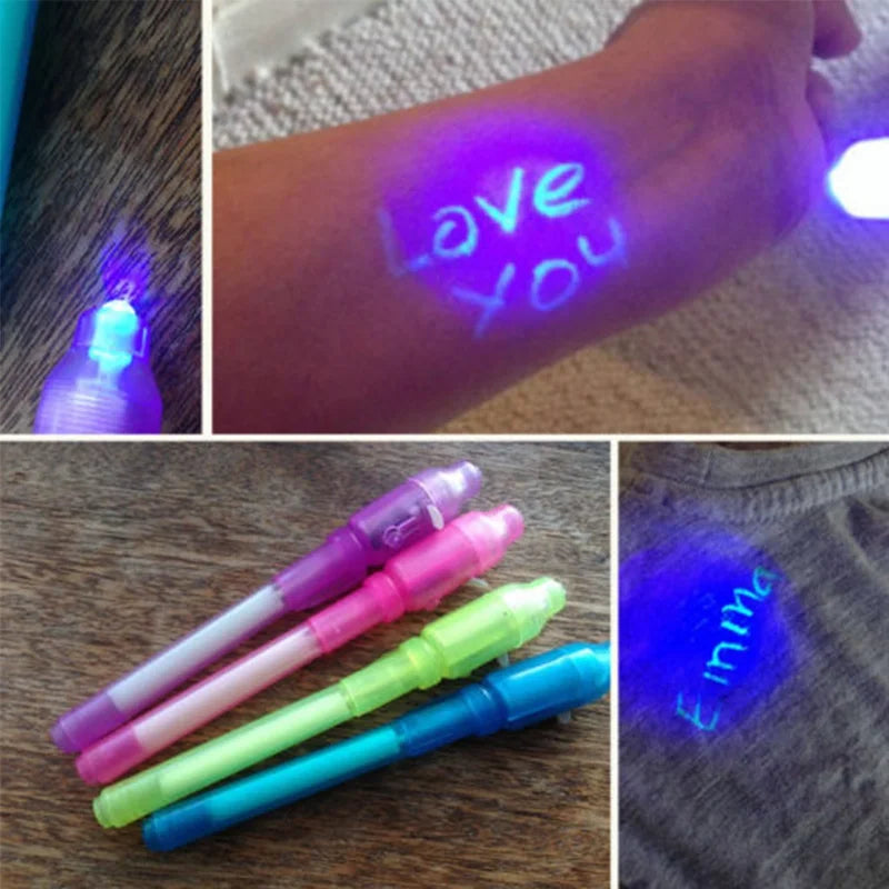Stylo lumineux magique violet 2 en 1 avec lumière UV et encre invisible pour dessiner et apprendre en s'amusant. Jouet éducatif pour enfants.