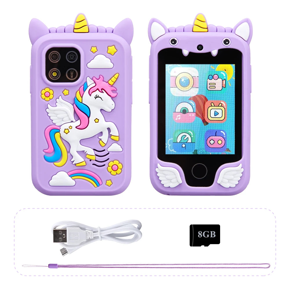 Téléphone portable pour enfants avec appareil photo, écran tactile, licorne, lecteur MP3, jouet éducatif pour filles et garçons de 3 à 8 ans.