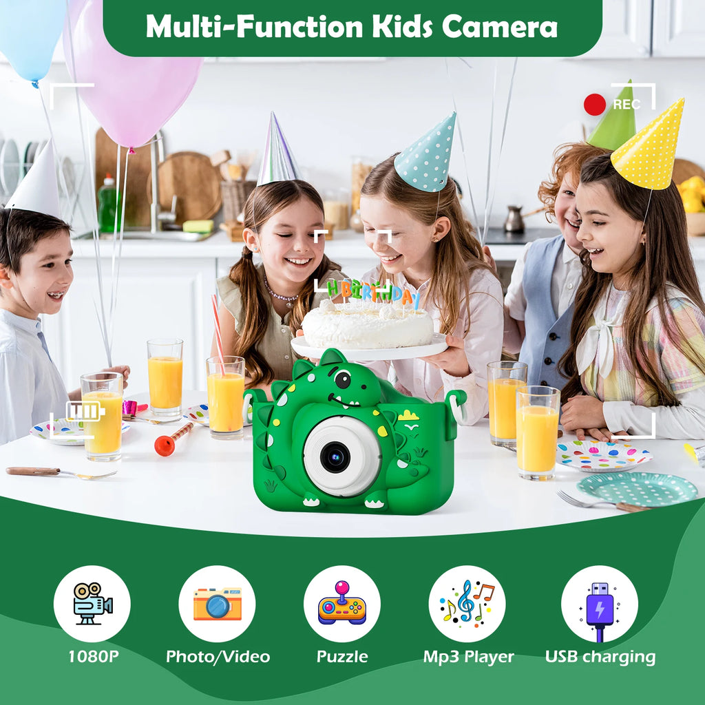 Appareil photo numérique pour enfants avec carte mémoire 32 Go, mini appareil photo dinosaure, jouet, caméra HD 1080p pour vlogging et photos, cadeau idéal pour Noël ou un anniversaire.