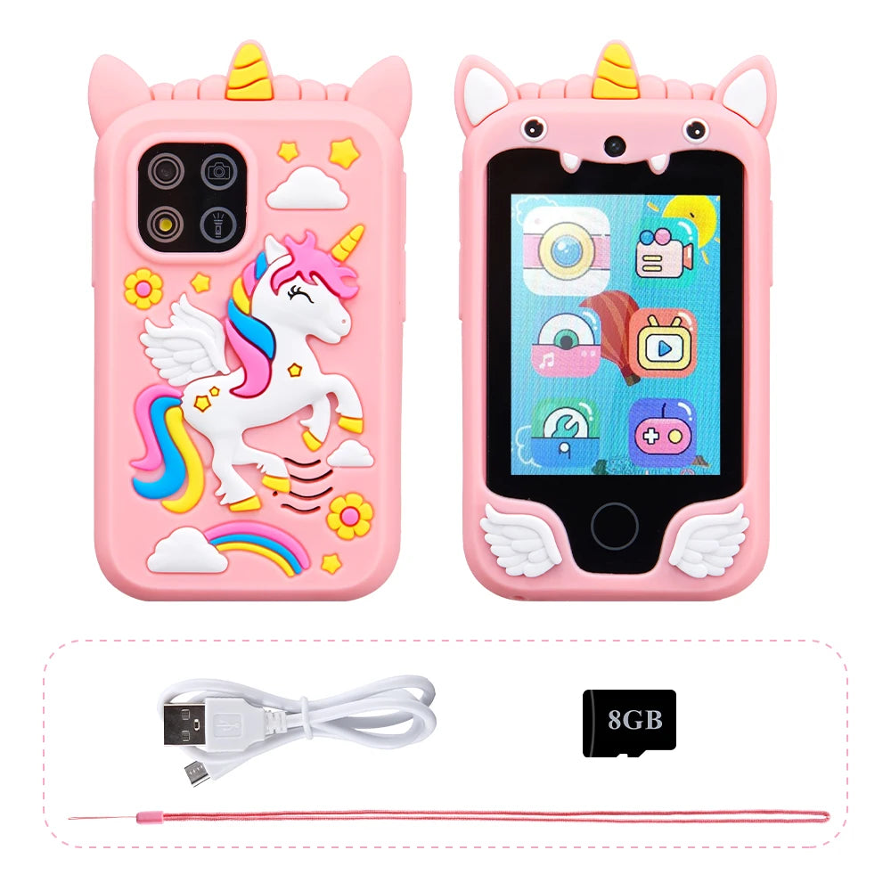 Téléphone portable pour enfants avec appareil photo, écran tactile, licorne, lecteur MP3, jouet éducatif pour filles et garçons de 3 à 8 ans.